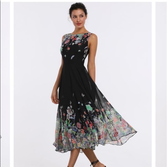 Floryday Dresses & Skirts - FLORYDAY Elegant Floral Round Neckline Midi Dress
